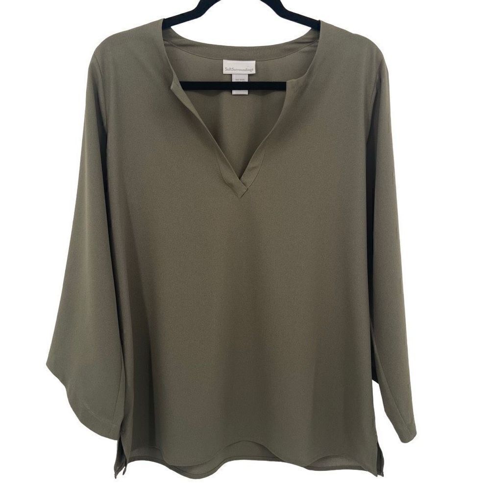 ‎Soft Surroundings V-Neck 3/4 Tapered Sleeve Tunic Top Green Small